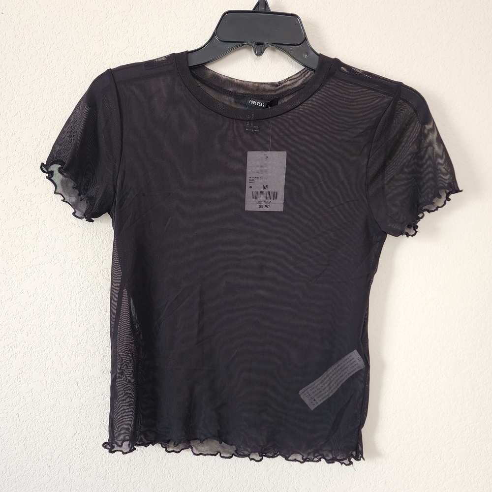 Forever 21 - Sheer Mesh - Black Ruffle Hem - Short Sleeve Tee - Size: Medium